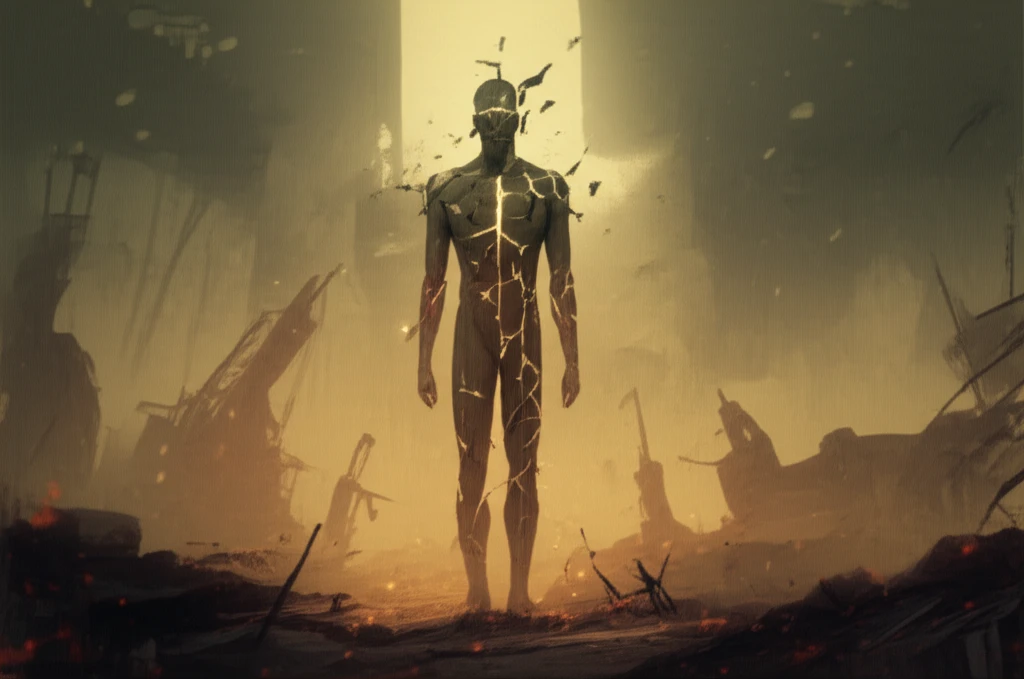Cracked figure in war landscape representing mental defeat