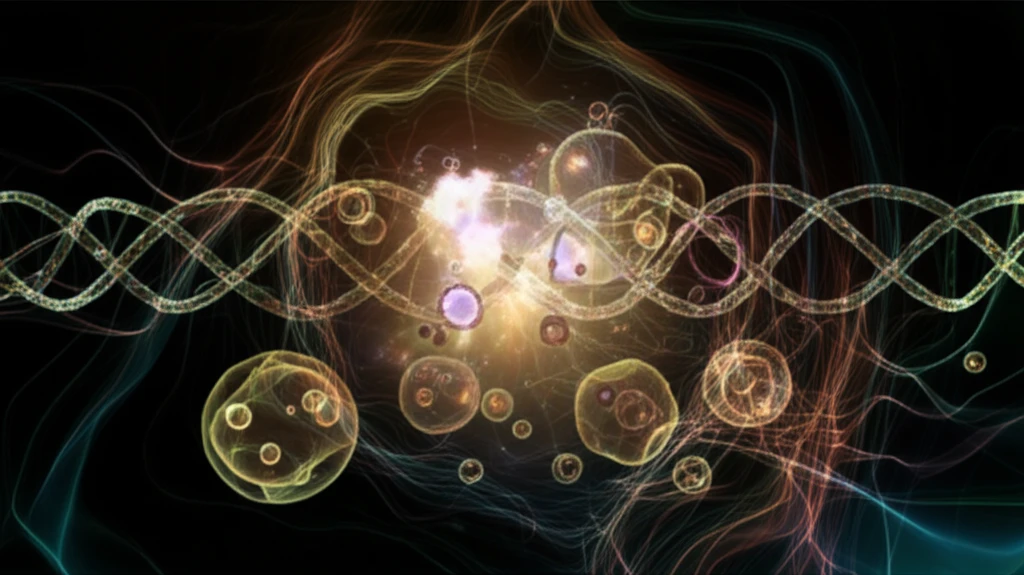 Interconnected glowing cells forming a network with DNA strands.