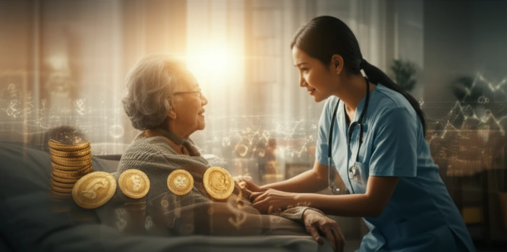 Compassionate nurse providing at-home care for an elderly patient, with financial symbols in the background representing long-term care costs.