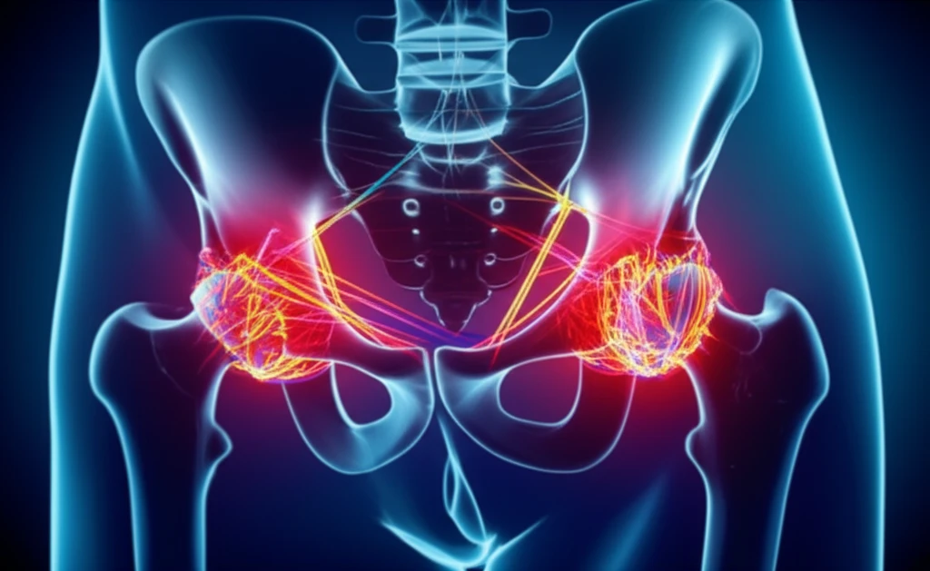 Fractured hip mending with threads of light.
