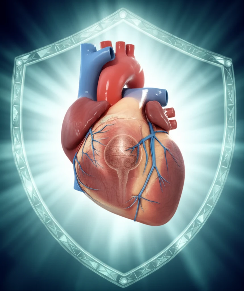 Heart protected by a radiant shield, symbolizing cardiovascular health in acromegaly.