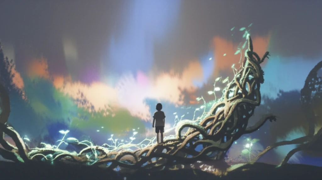 Child surrounded by glowing vines, symbolizing growth from biologic therapy.
