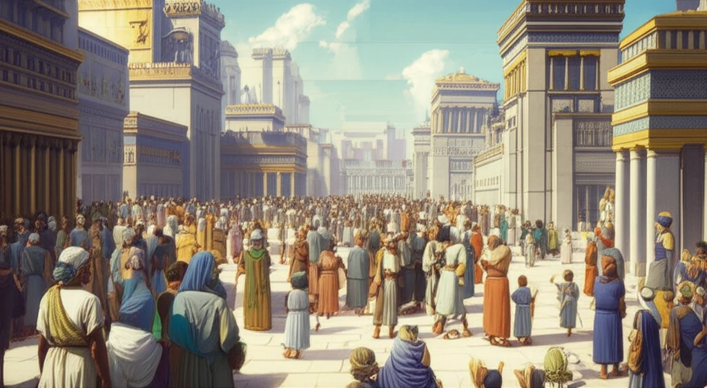 A diverse crowd in ancient Babylon, reflecting its melting pot culture.