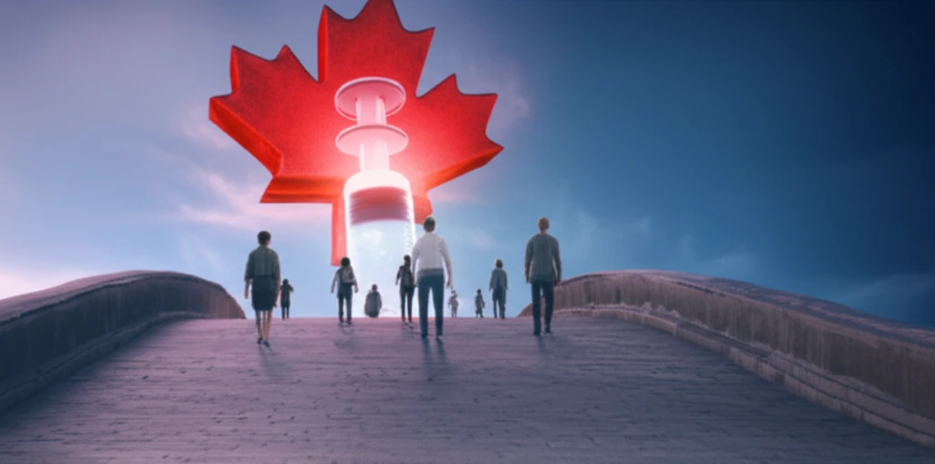 Diverse group approaches HPV vaccine syringe shaped like a maple leaf, representing healthcare access for newcomers in Canada.