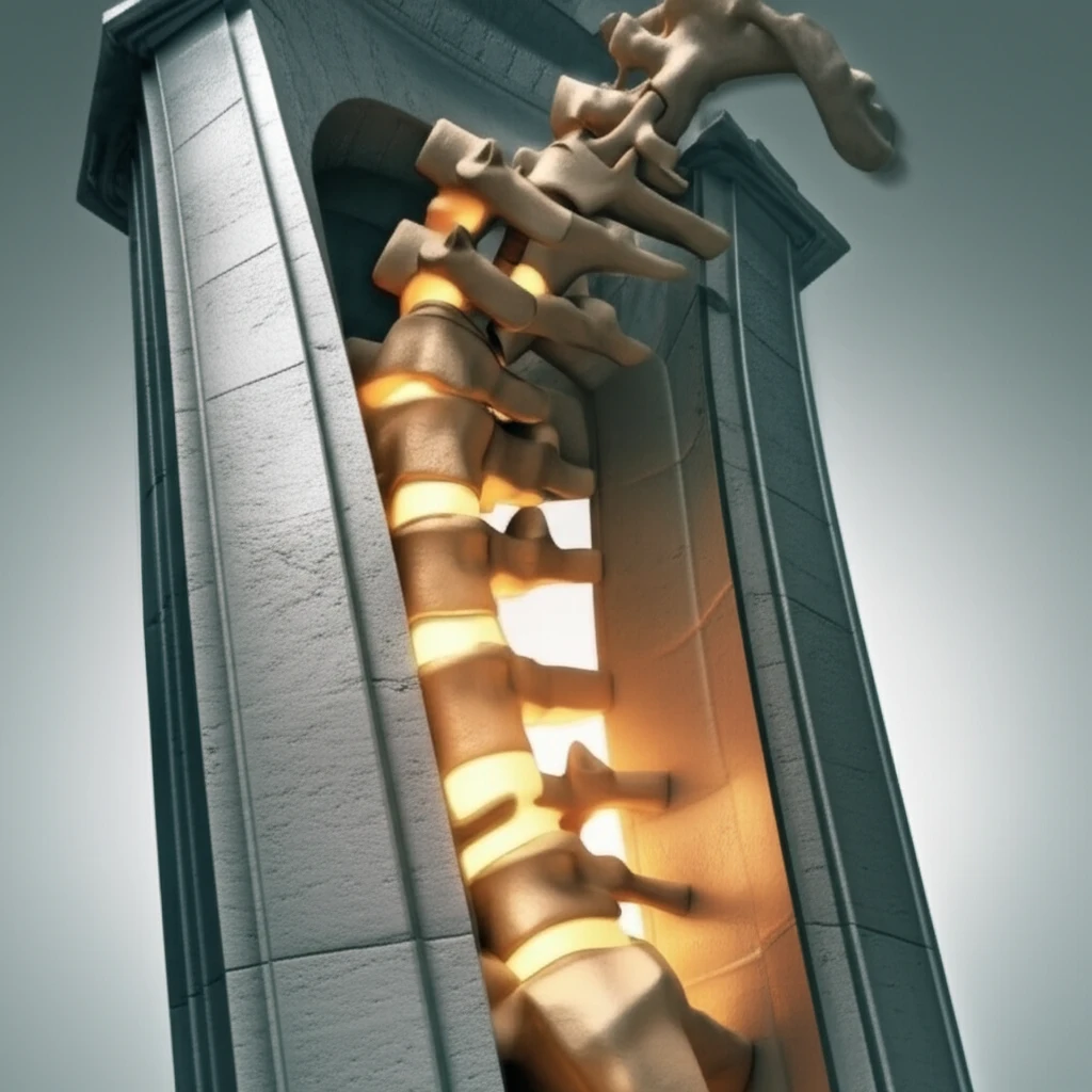 Illustration of a spine transforming into a stable structure, symbolizing lumbar fusion.