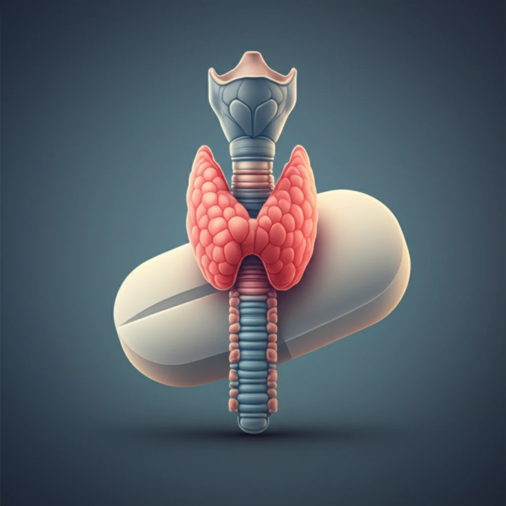 Thyroid gland intertwined with a pharmaceutical pill