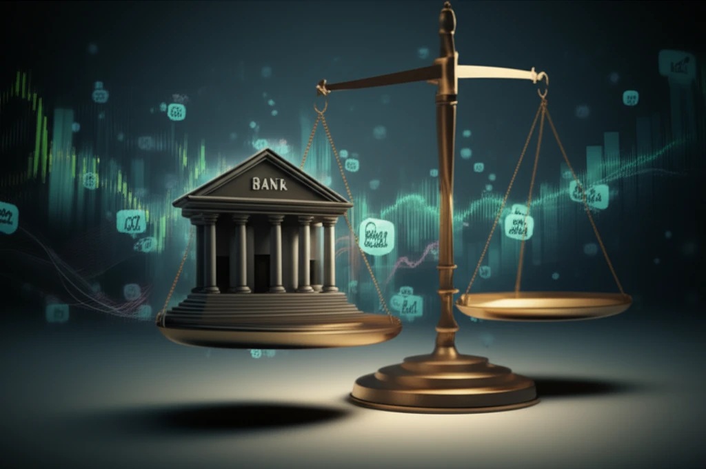Bank building balanced on scales, representing financial risk management.
