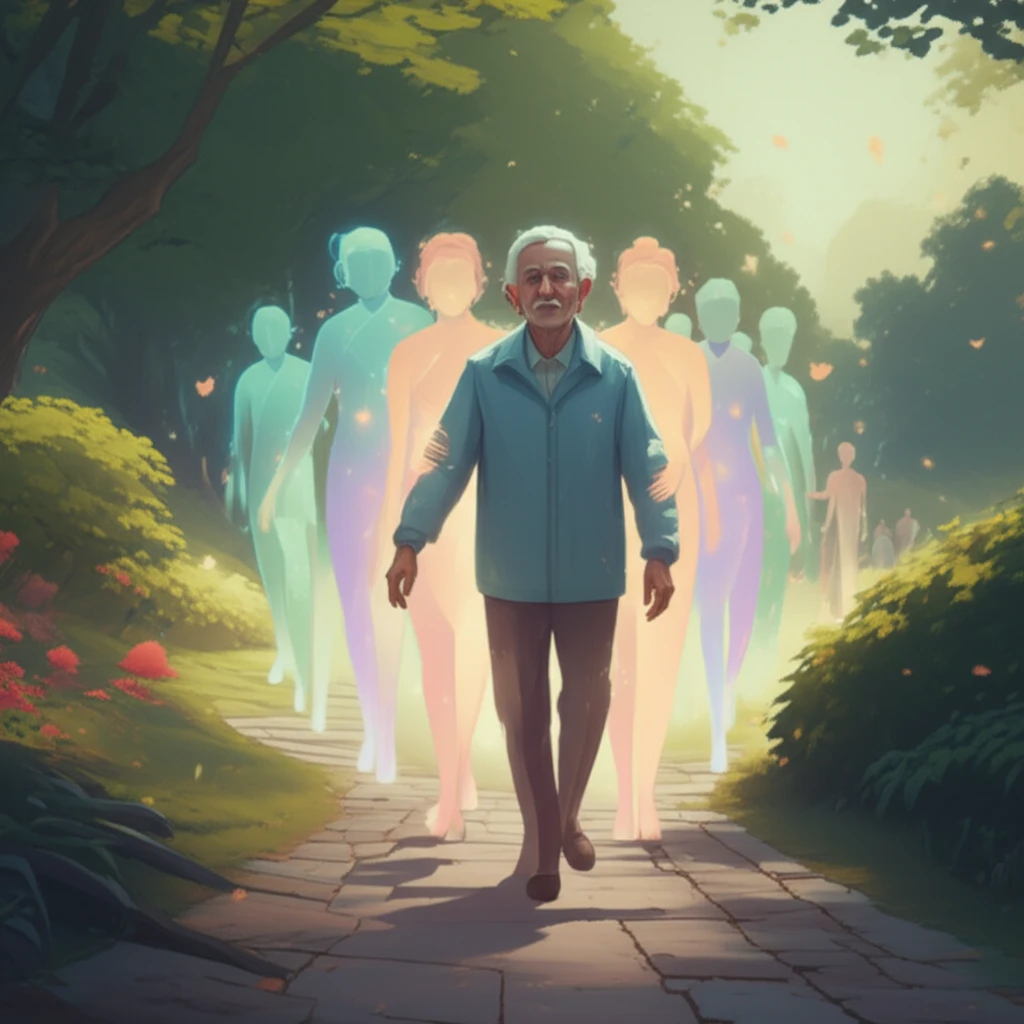 Older adult walking in a park, surrounded by supportive figures representing health and well-being.