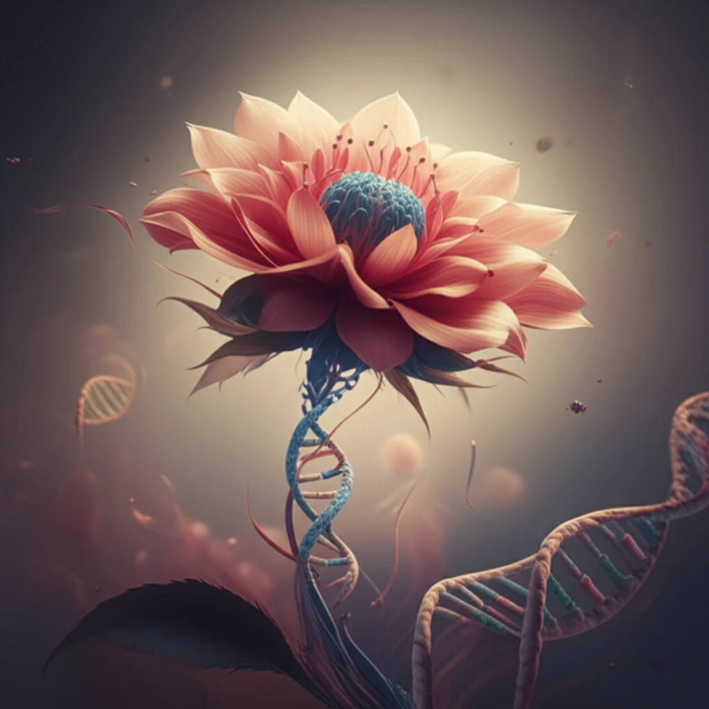 DNA strands interwoven in a blooming flower, symbolizing hope in ovarian cancer treatment.