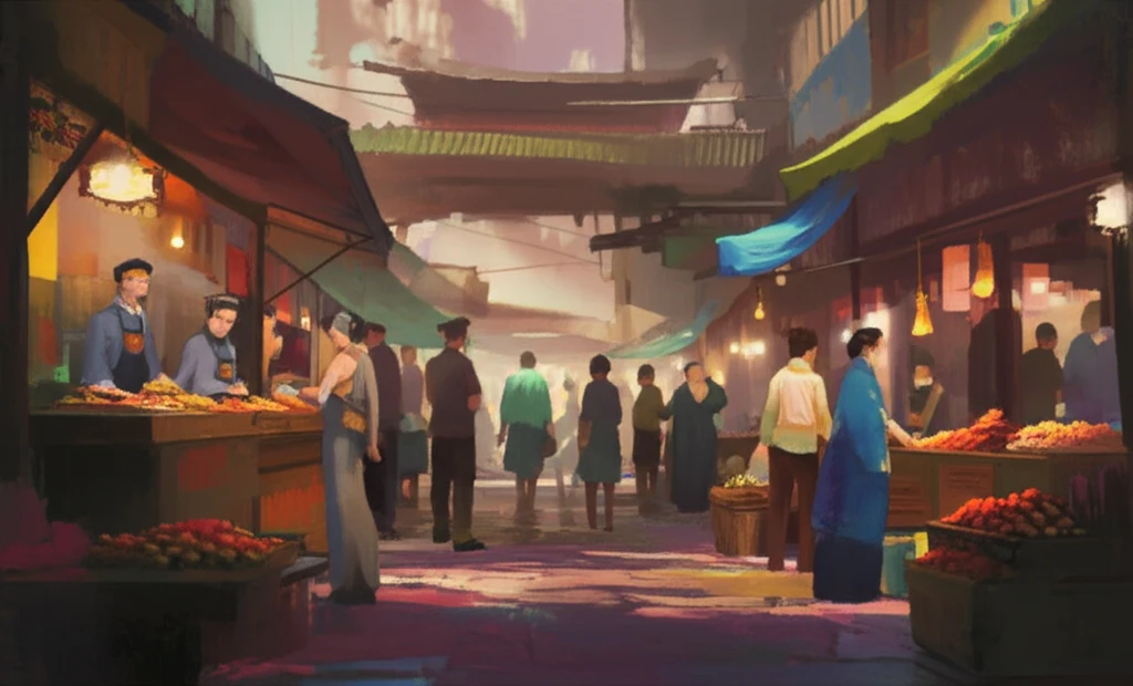 Surreal illustration of Chinese market with state oversight