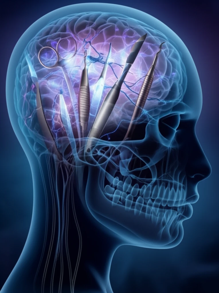 Surreal digital illustration combining surgical instruments with glowing neurons inside a transparent skull.