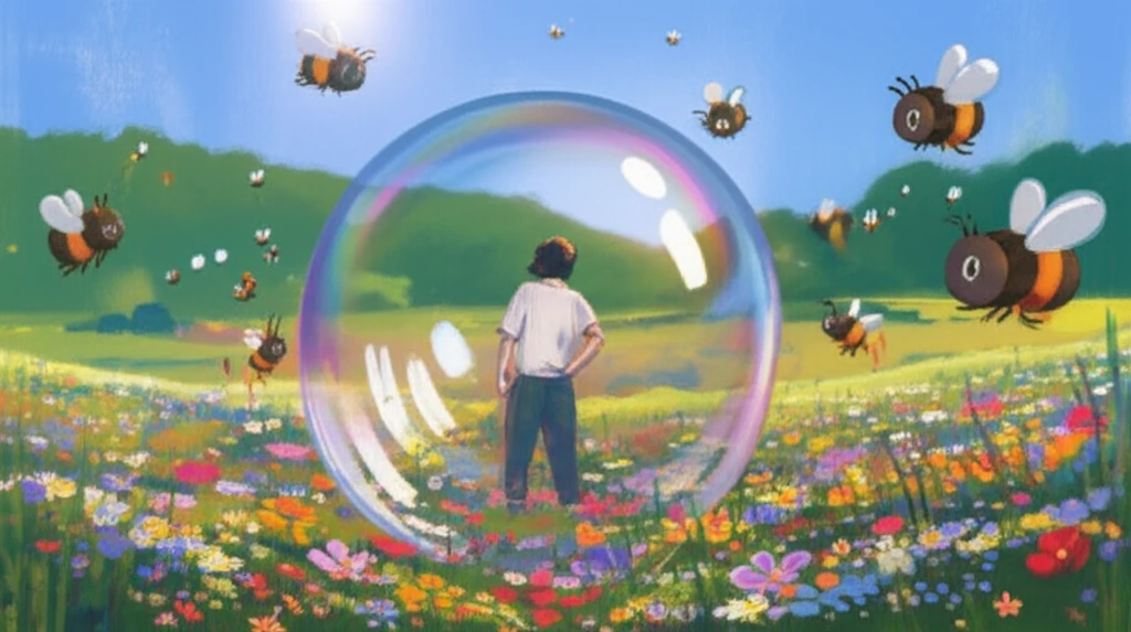 Person protected from bee stings by an immunotherapy bubble in a wildflower meadow.