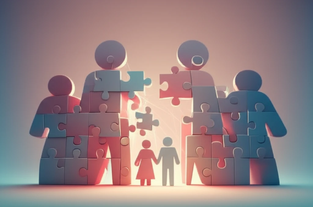 Family members fitting together like a puzzle, with one member slightly separated but still connected by threads of light.