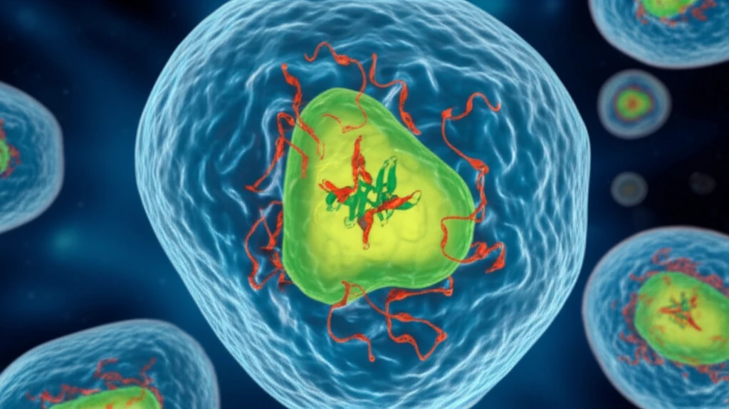 Illustration of a cell with a non-photosynthetic plastid and a distorted RuBisCO enzyme, symbolizing enzyme evolution.