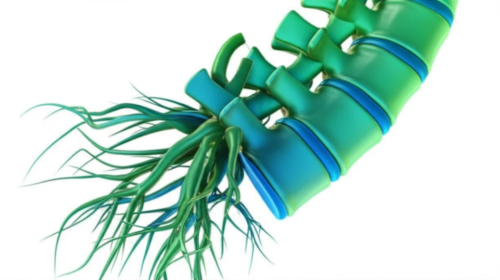 Stylized illustration of Tripterygium wilfordii root intertwined with a spinal cord, symbolizing pain relief.