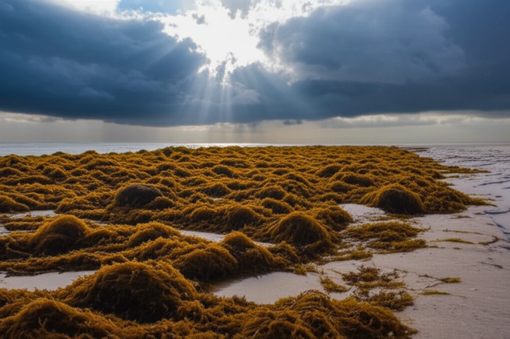 Invasive Sargassum seaweed on a Ghanaian beach, symbolizing the challenge and potential benefits.