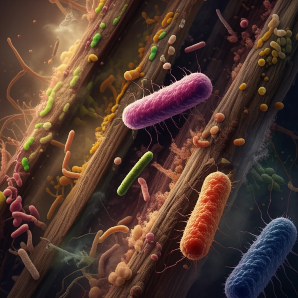 Microscopic view of bacteria and fungi degrading lignin.
