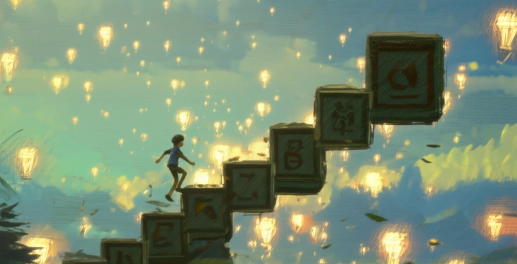 A child climbs a staircase of positive traits, reaching for a bright future.