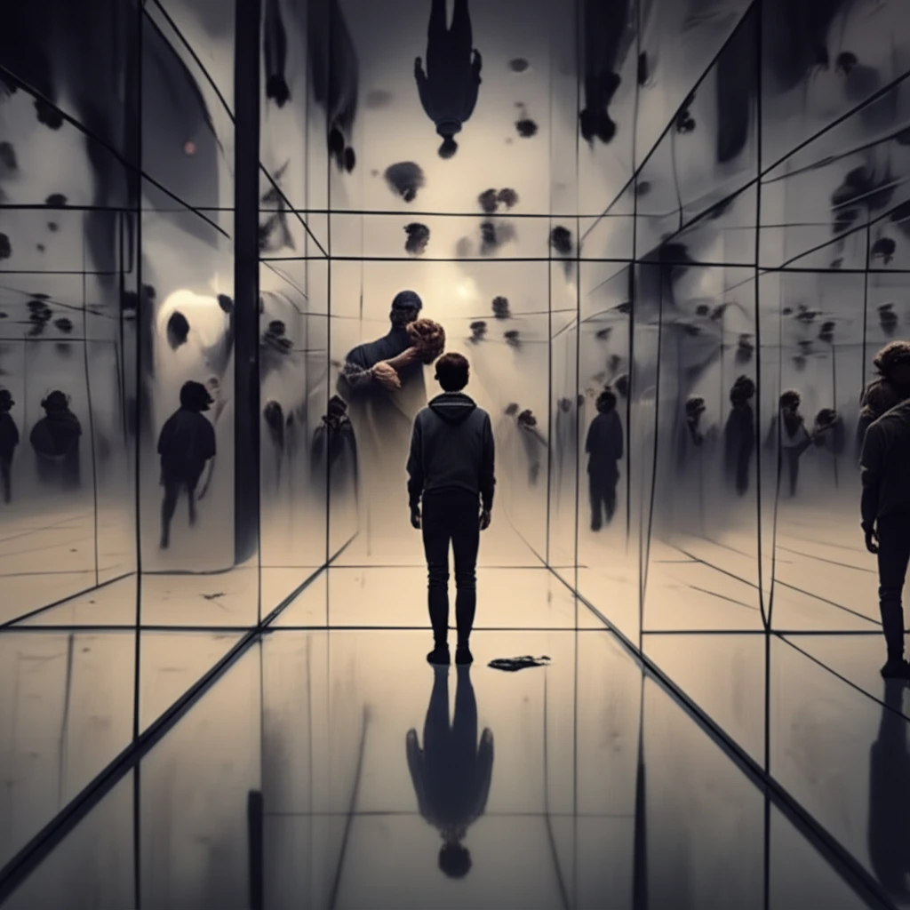 Distorted reflections in a mirrored room, symbolizing cult manipulation.