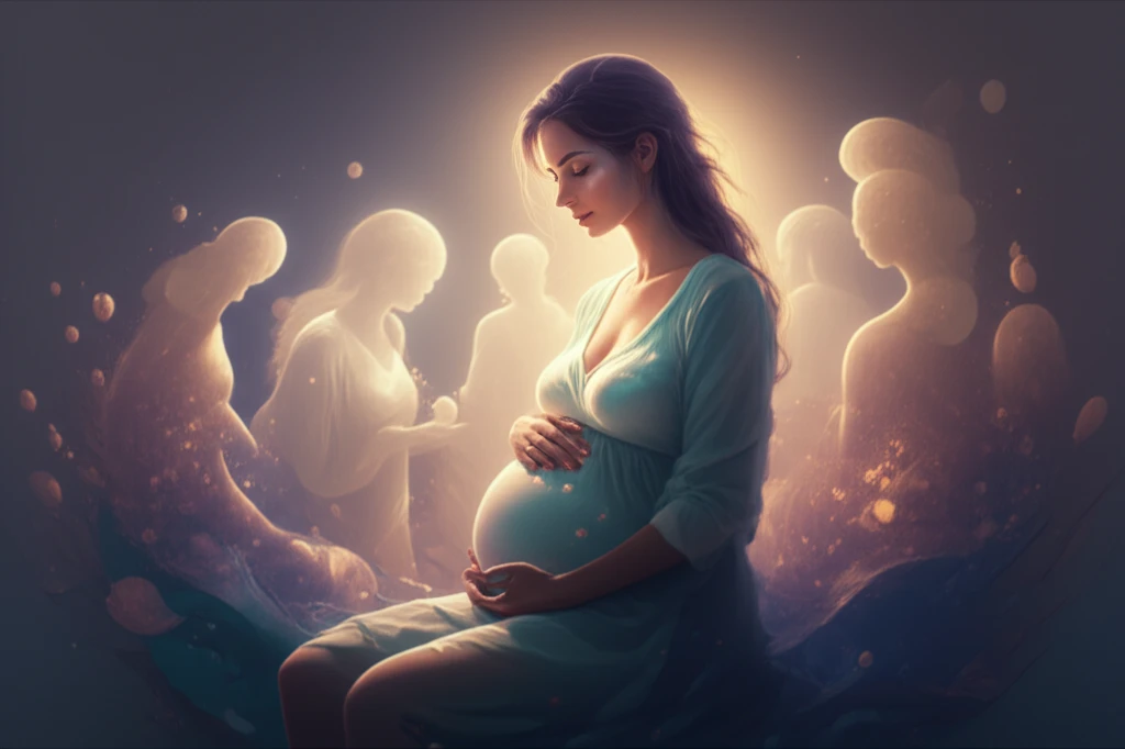 Supportive mental health figures surrounding a pregnant woman.