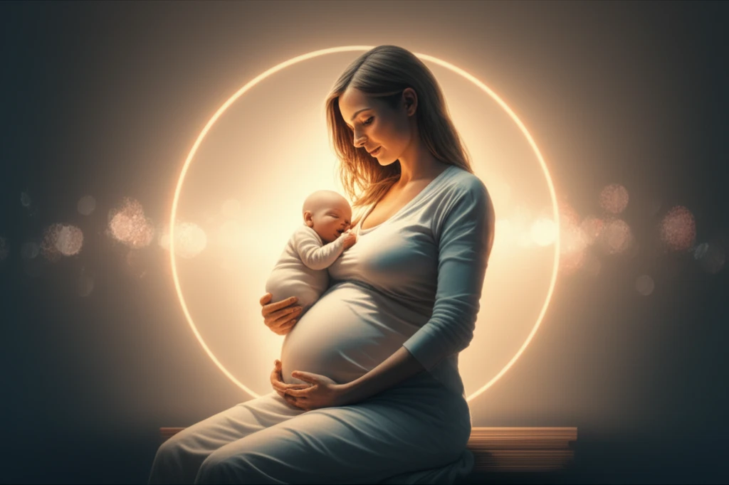 Pregnant woman with a protective aura, symbolizing thyroid health and a healthy baby.
