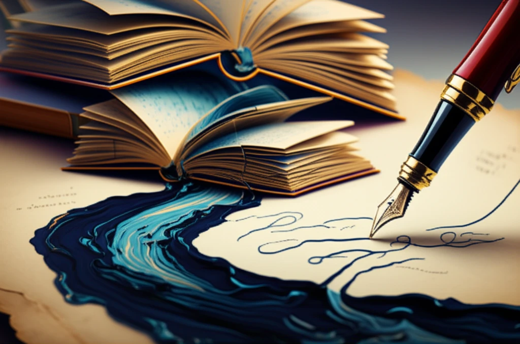 Books transforming into ink flowing to a fountain pen.