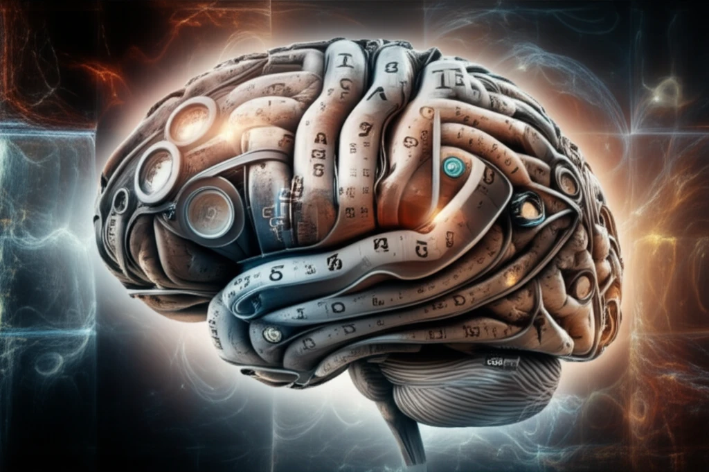 Surreal brain illustration made of optical lenses and acuity charts.