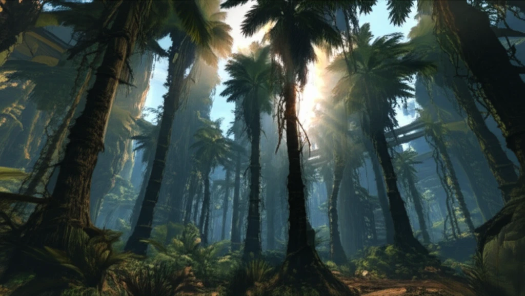 A surreal sugar palm forest interwoven with futuristic cityscapes, symbolizing sustainable materials.