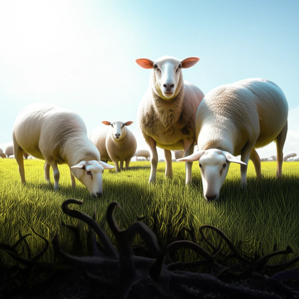 Healthy sheep grazing in a lush pasture, contrasted with a subtle, ominous shadow representing Haemonchus contortus lurking beneath the surface.