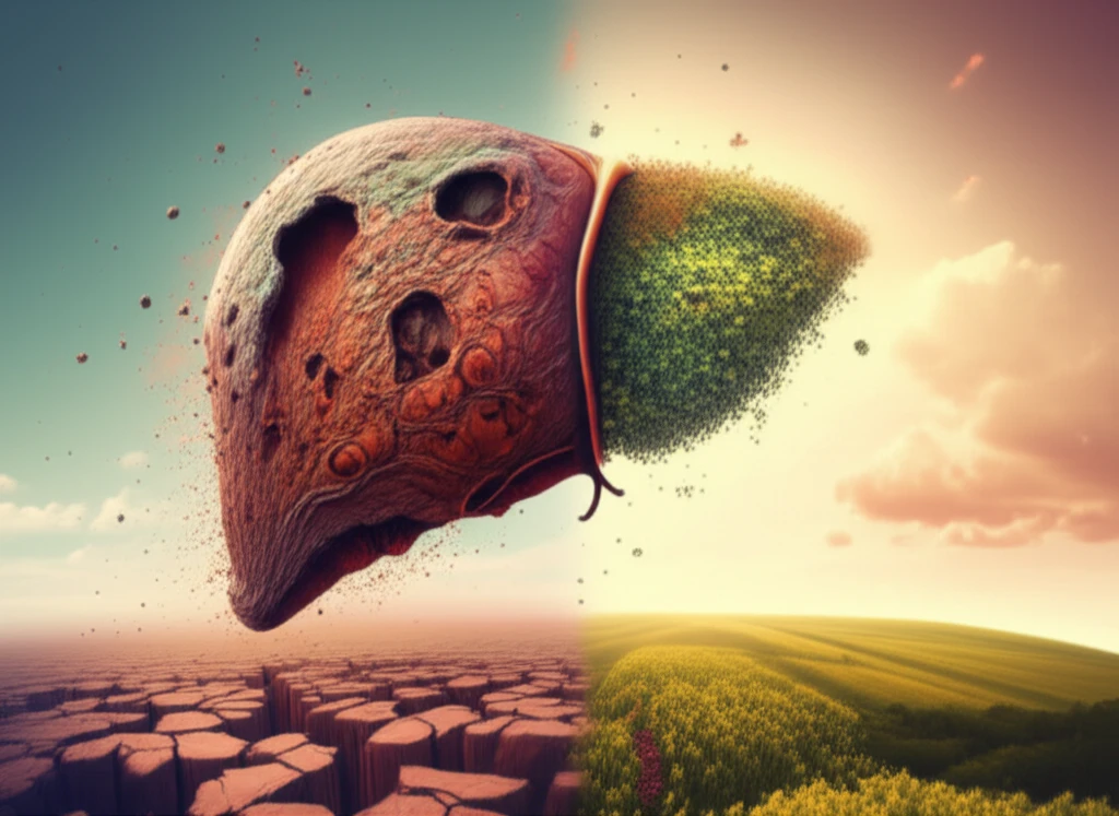 Liver transforming from scarred to healthy landscape, symbolizing fibrosis reversal.