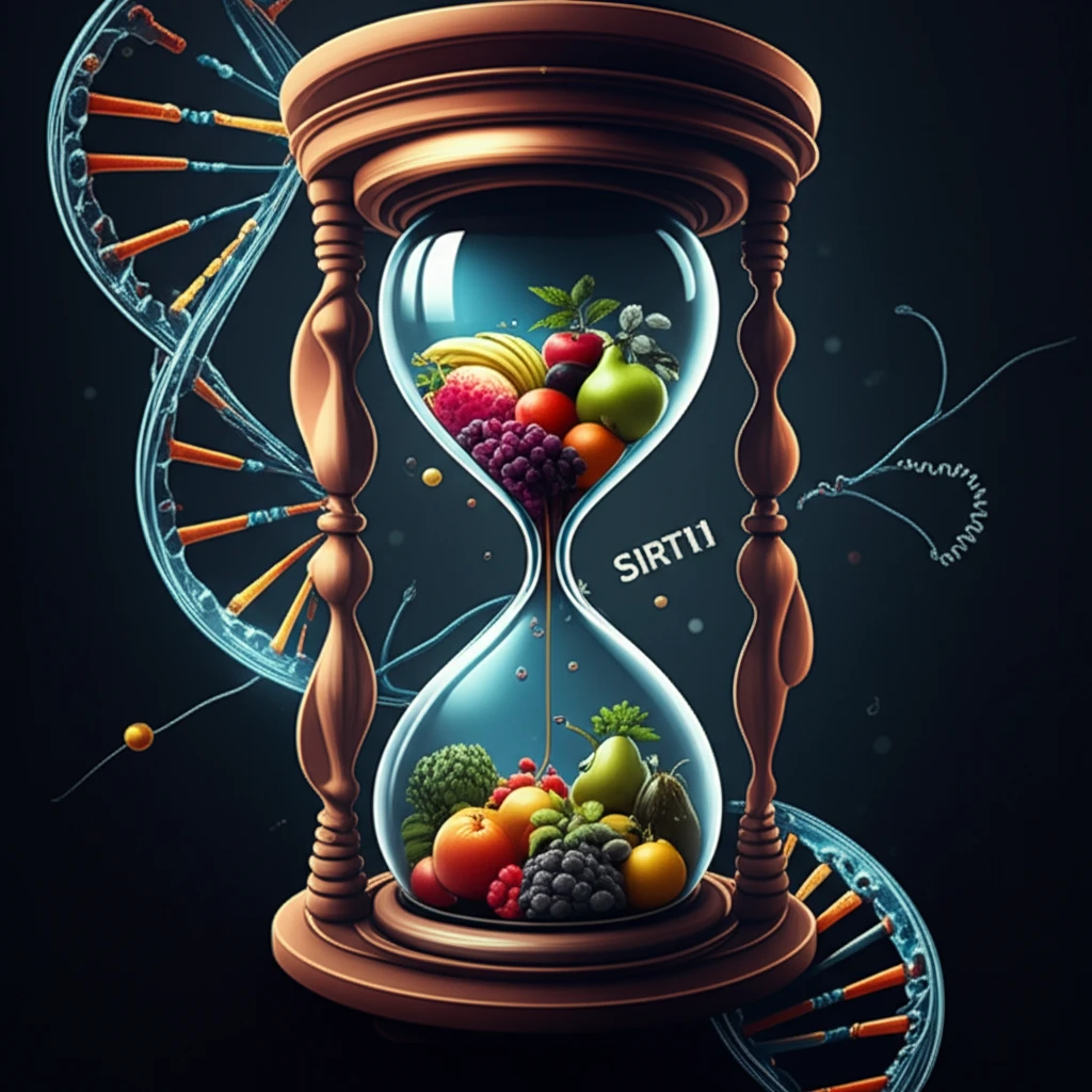 DNA strand with hourglass and SIRT1 protein representing longevity and metabolic health.