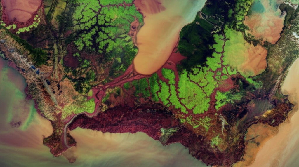 Satellite view of Tunisian landscape showing halophyte vegetation and soil salinity patterns