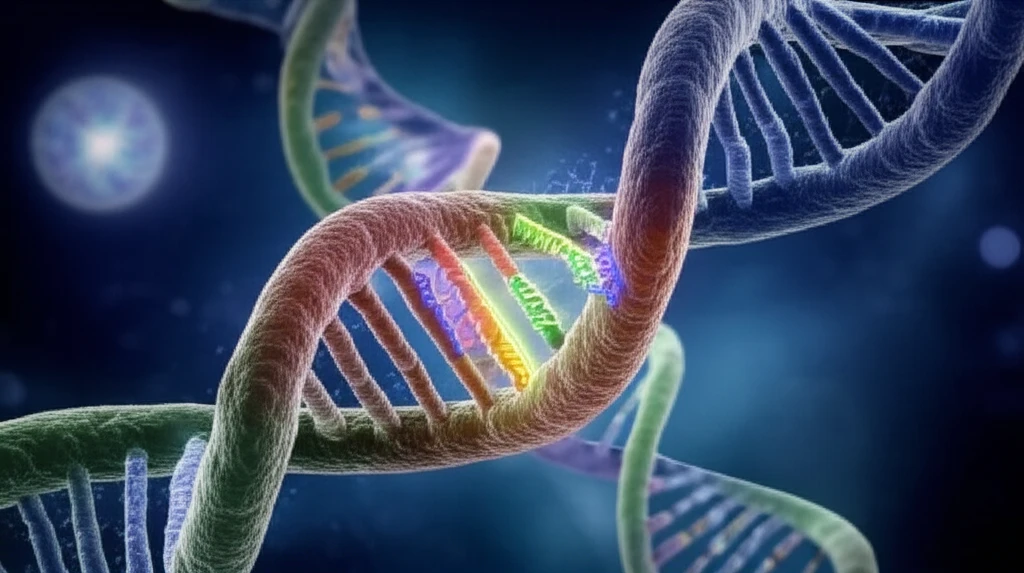 Intertwined DNA strands with a central protein structure symbolizing genetic recombination.