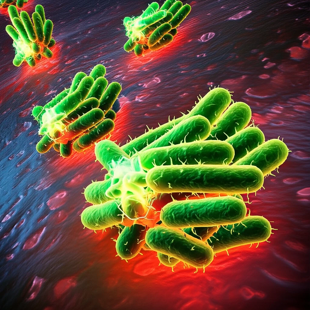 Microscopic view of immune cells attacking tuberculosis bacteria.