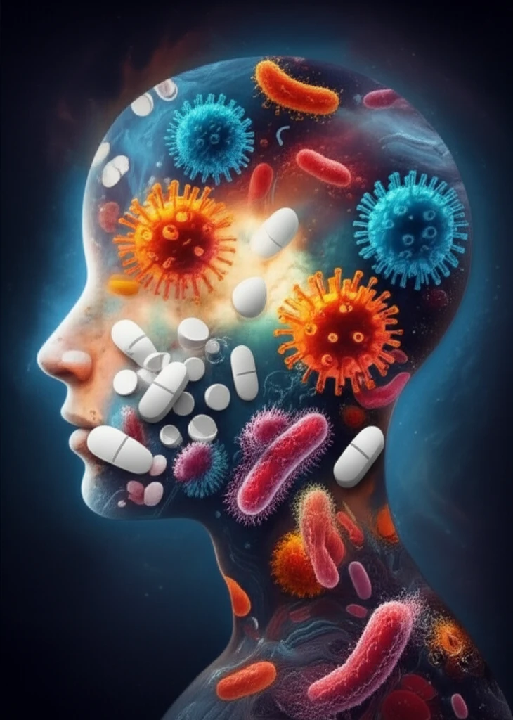 Surreal illustration of a human silhouette filled with a galaxy of viruses and bacteria, disrupted by antibiotic pills.