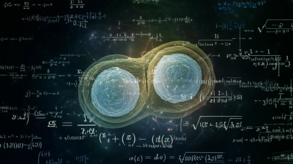 Surreal illustration of cell division with mathematical equations.