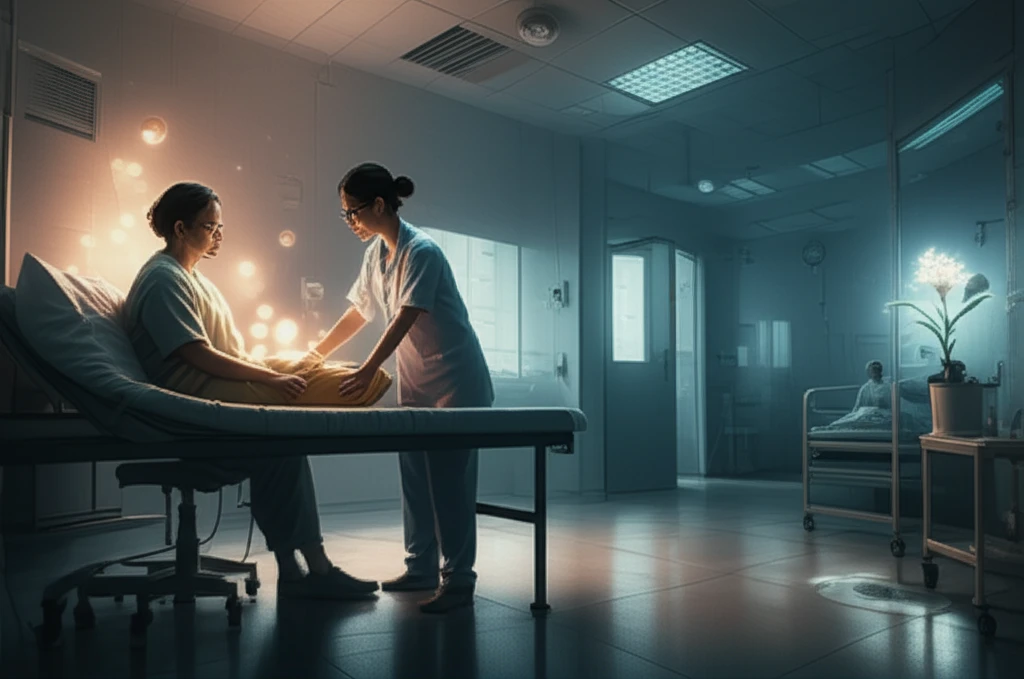 A nurse providing compassionate care to a TB patient, symbolizing hope and reduced stigma.