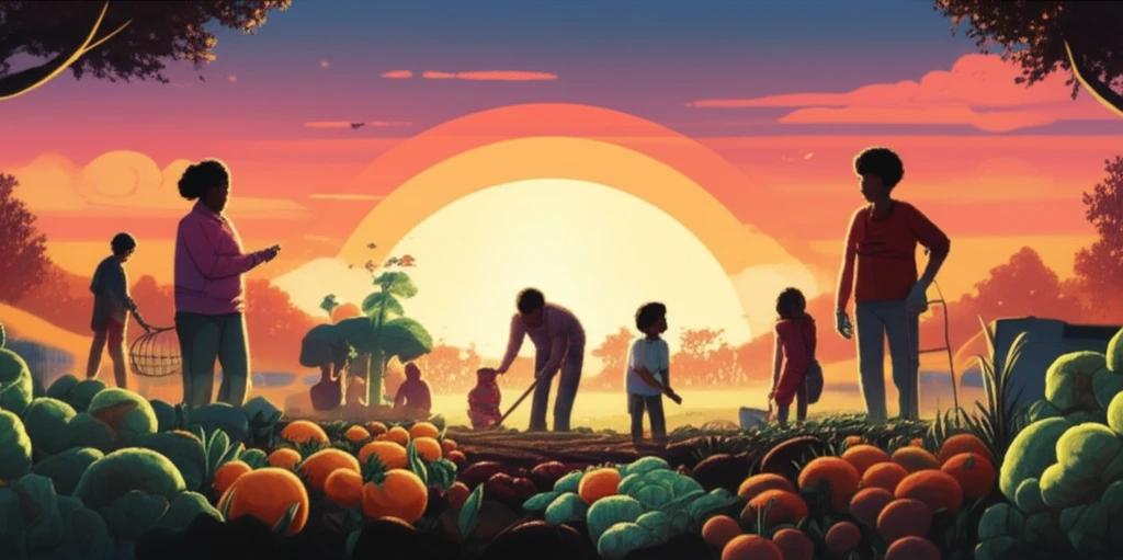 Diverse community members planting a vibrant garden under a sunset, symbolizing health and community empowerment.