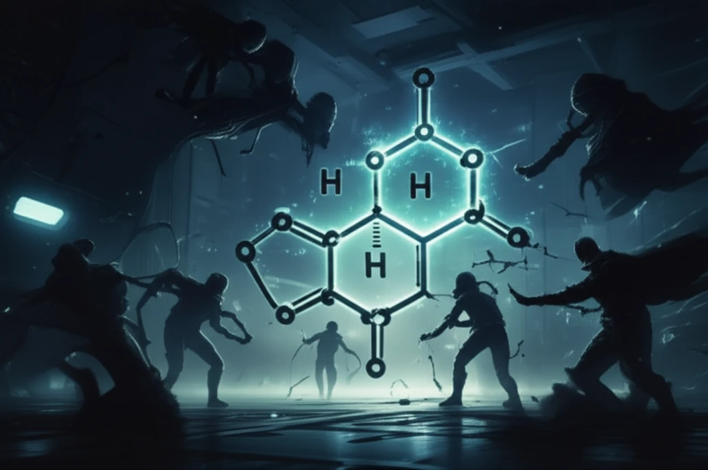 Illustration of pyridine molecule battling bacteria.