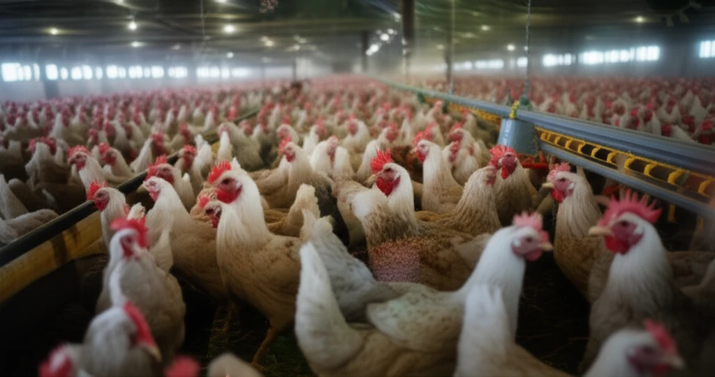 Poultry farm with healthy chickens overlaid with a faint, virus-like pattern representing the threat of avian influenza.
