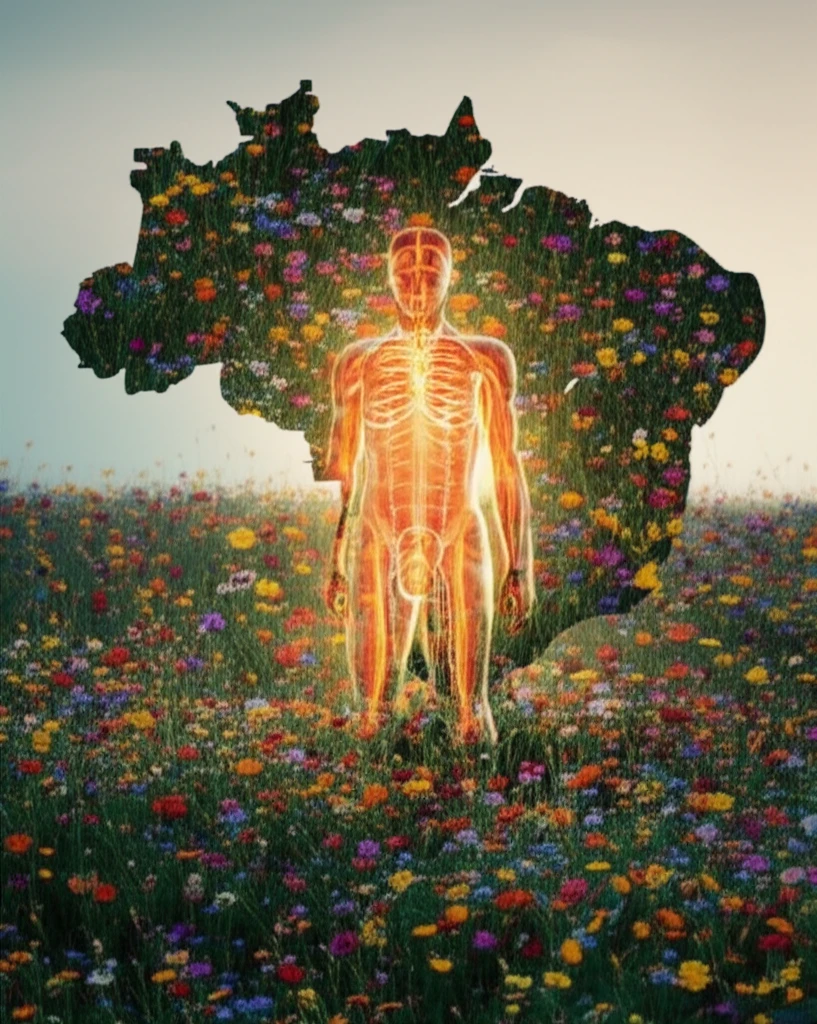 Surreal illustration of a person with glowing muscles overlaid with a map of Brazil, representing the blend of personal health and cultural context in myasthenia gravis.
