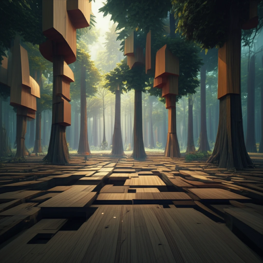 Forest with trees turning into geometric shapes due to heat treatment.