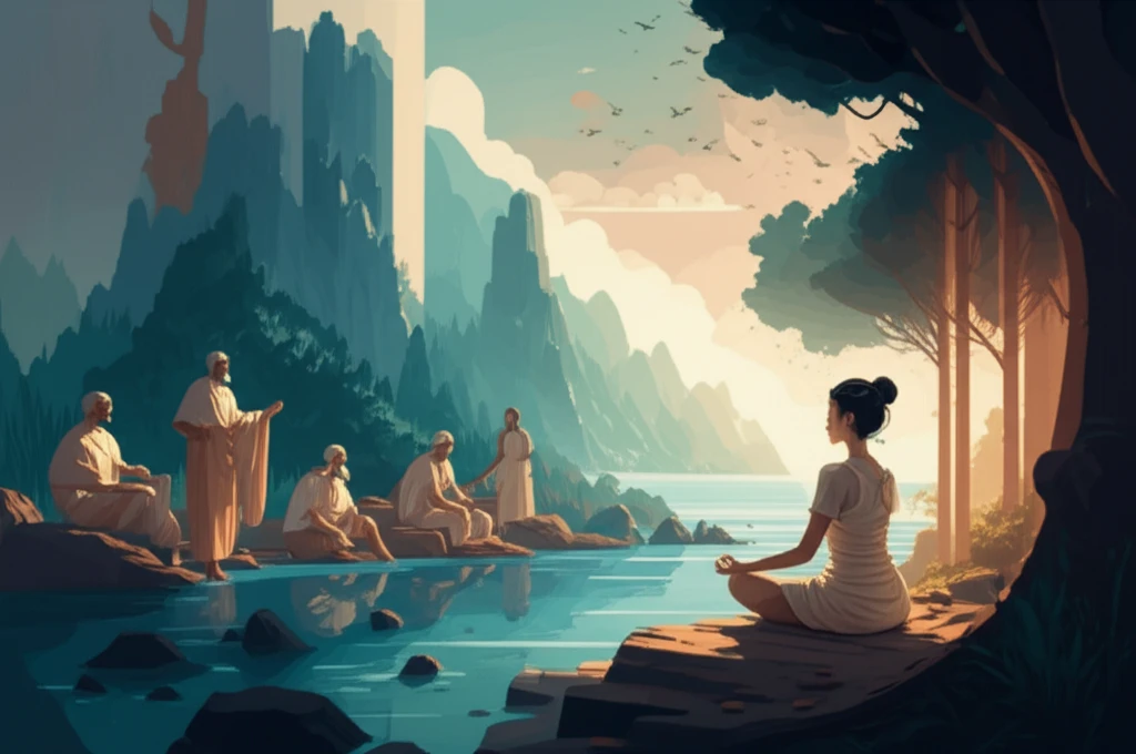 Ancient and modern wellness practices combined in a surreal digital illustration.
