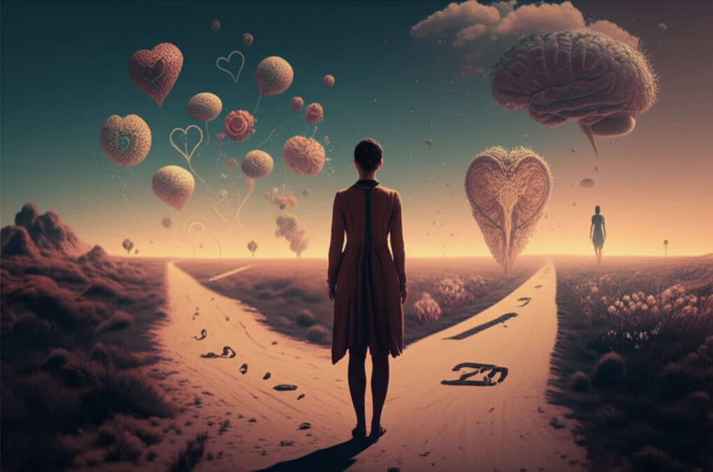 Illustration of a woman at a crossroads symbolizing menopause and aging, with health symbols.