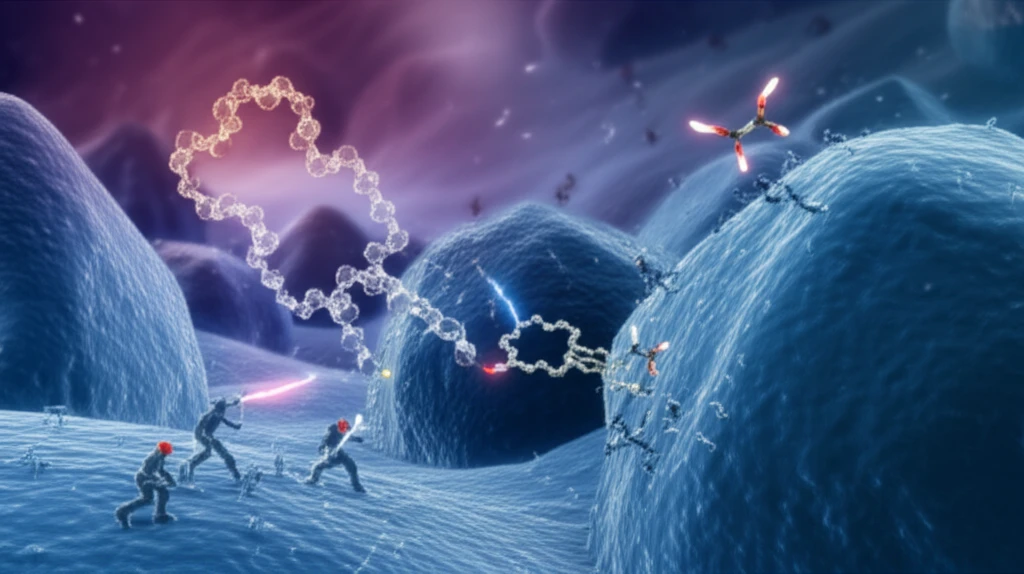 Microscopic battle scene with antibiotic molecules fighting bacteria, highlighting an unbound colistin molecule.