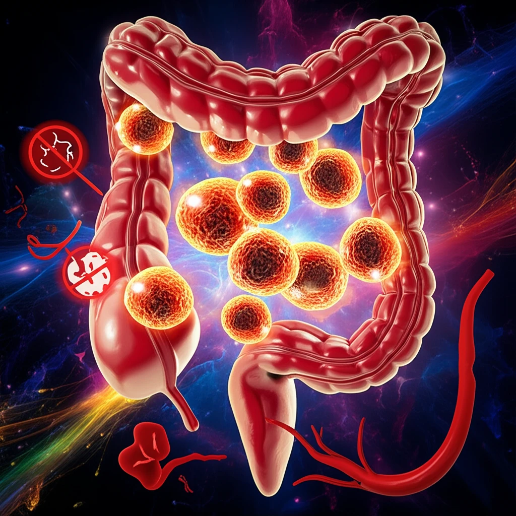 Cryptotanshinone neutralizing colon cancer cells, symbolizing inflammation and angiogenesis suppression.