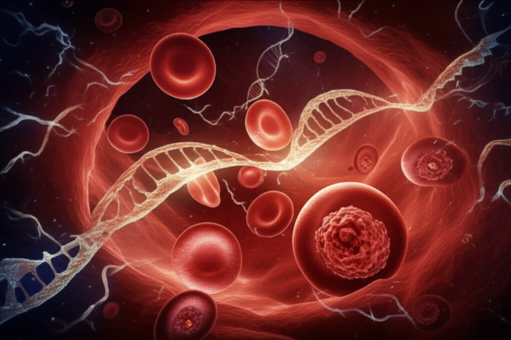 Microscopic view of red blood cell development guided by glowing RNA strands within bone marrow.