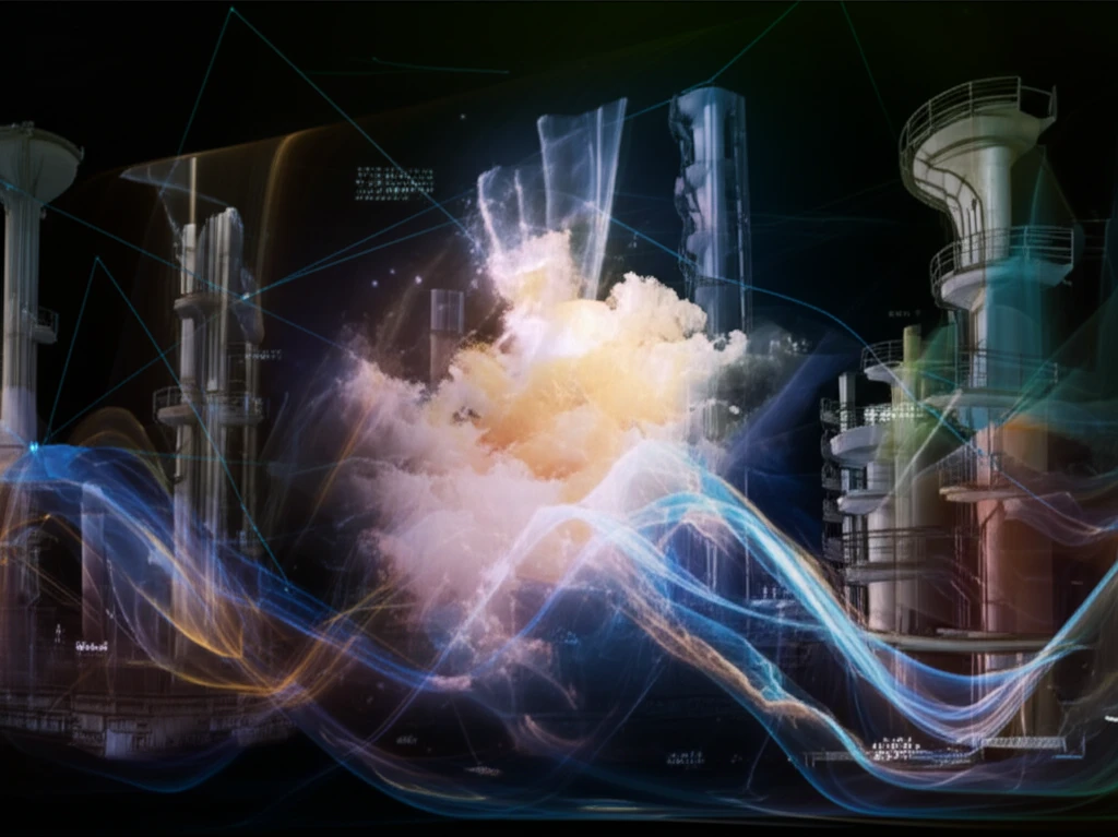 Futuristic industrial landscape with visualized gas dispersion models.