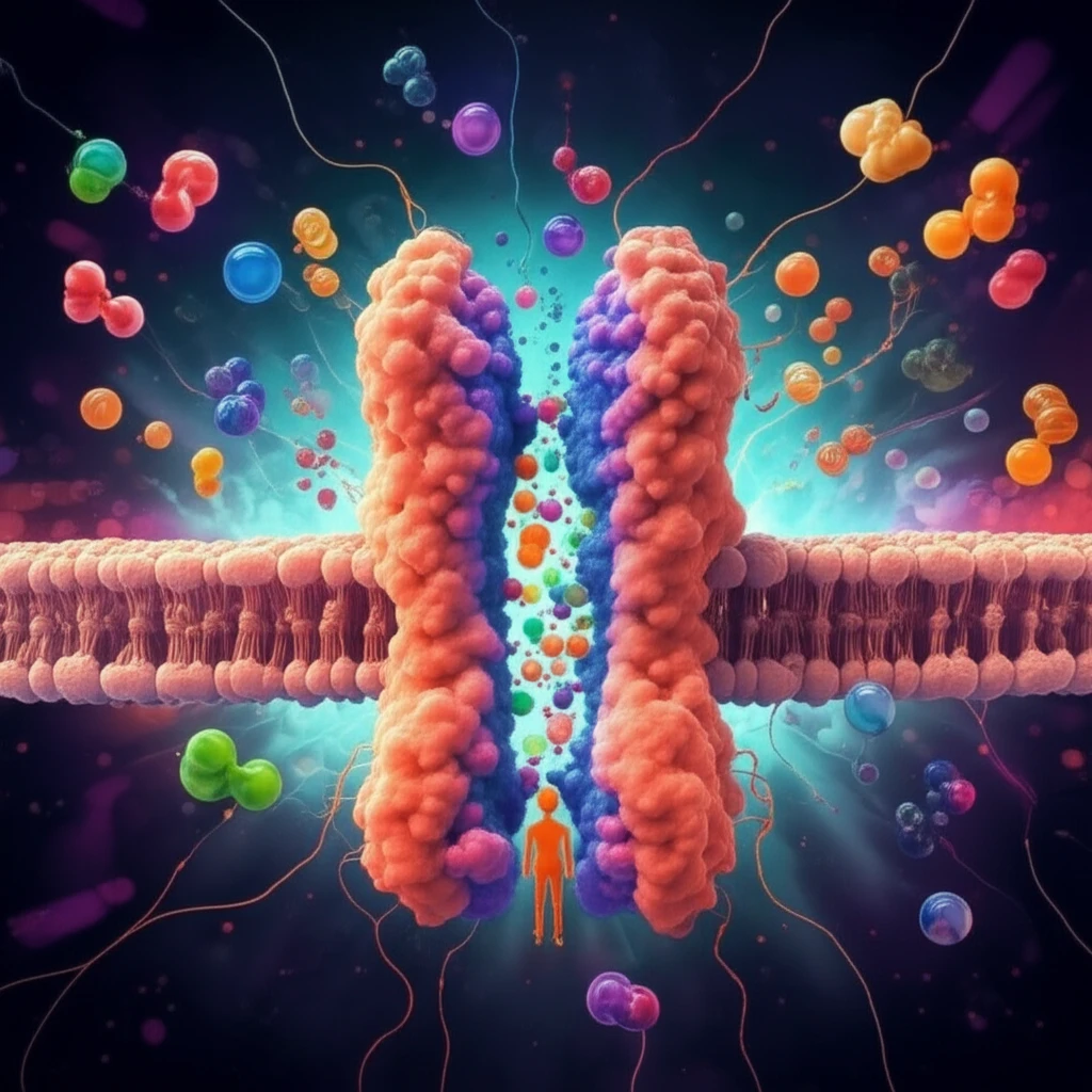 Microscopic antiporter selectively transporting ions through a cell membrane.