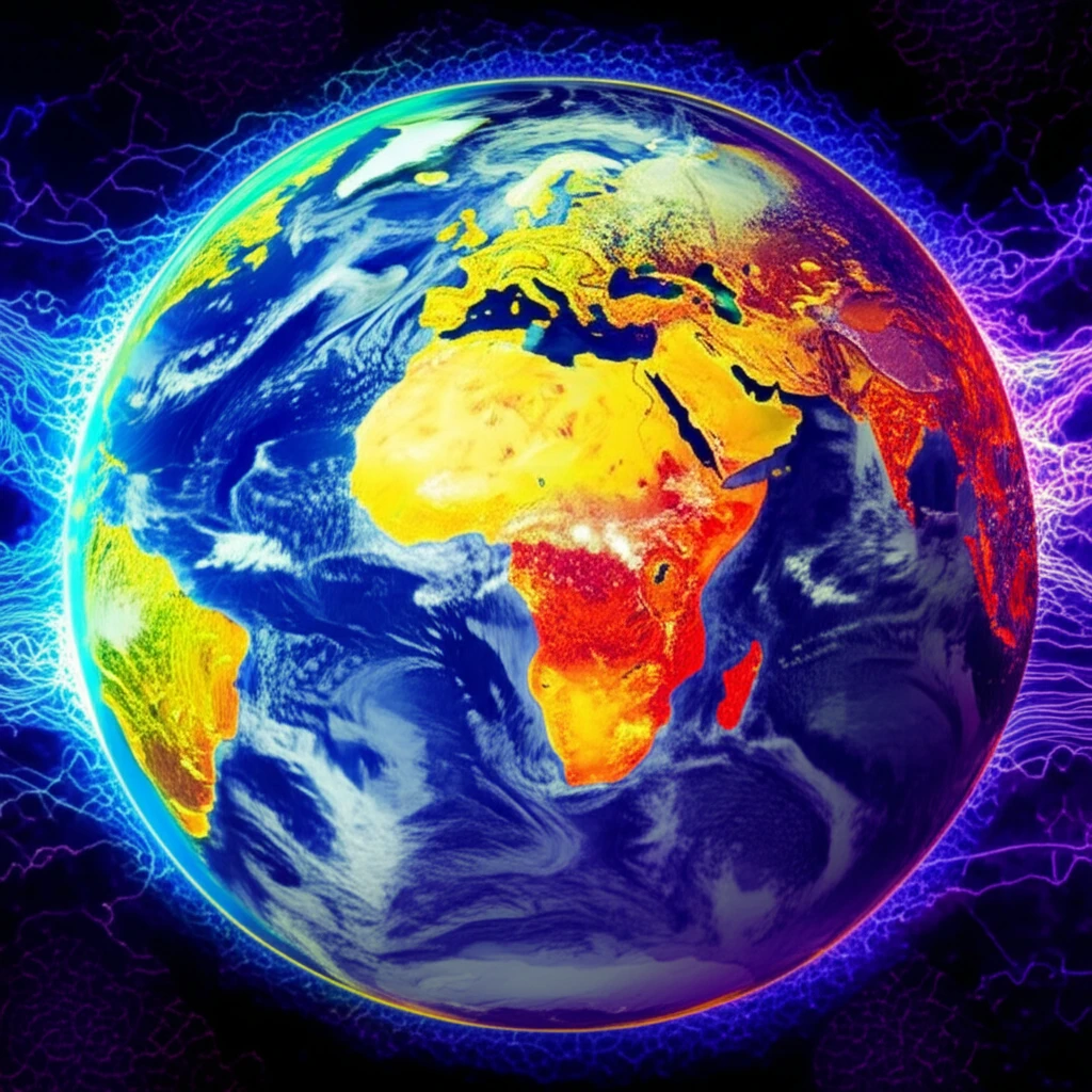 Earth from space showing energy flows and temperature gradients.